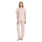 GLOBAL Women 100% Cotton Button Down Short Sleeve Top & Long Pants Summer Pajama Set with Pockets, 2-Piece, Sizes S to 3XL