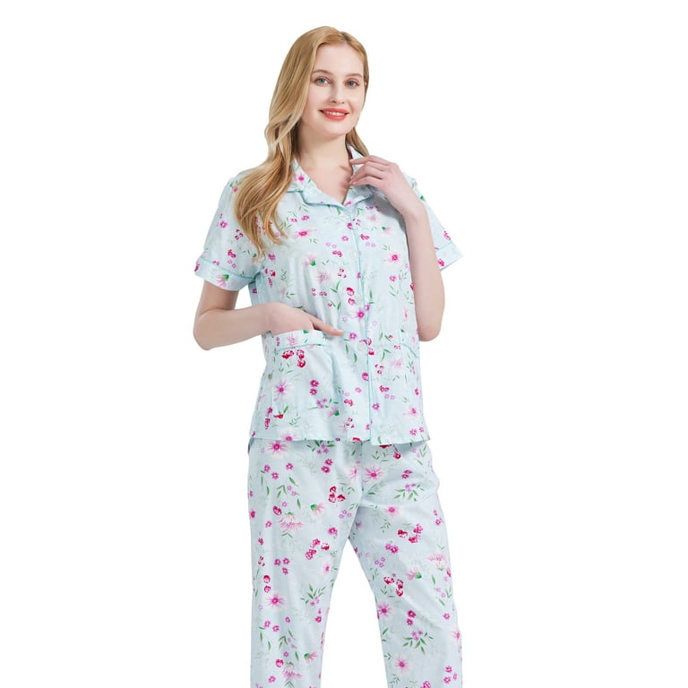 GLOBAL Women 100 Cotton Button Down Short Sleeve Top Long Pants Summer Pajama Set with Pockets 2 Piece Sizes S to 3XL
