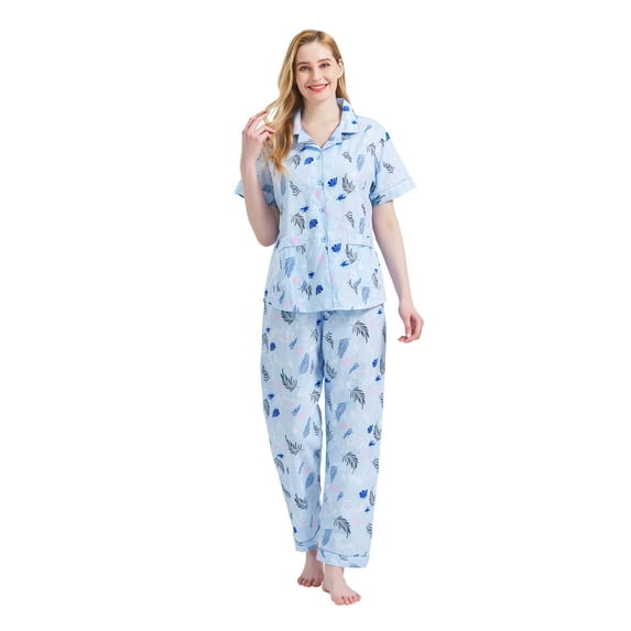 GLOBAL Women 100% Cotton Button Down Short Sleeve Top & Long Pants Summer Pajama Set with Pockets, 2-Piece, Sizes S to 3XL