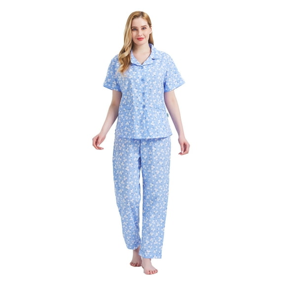 GLOBAL Women 100% Cotton Button Down Short Sleeve Top & Long Pants Summer Pajama Set with Pockets, 2-Piece, Sizes S to 3XL