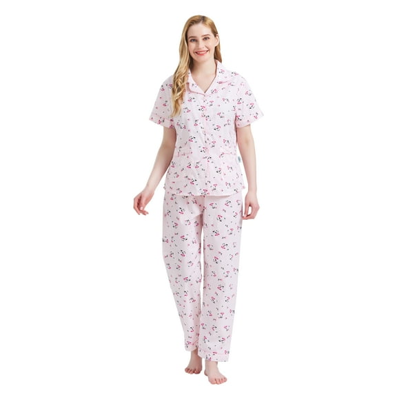 GLOBAL Women 100% Cotton Button Down Short Sleeve Top & Long Pants Summer Pajama Set with Pockets, 2-Piece, Sizes S to 3XL