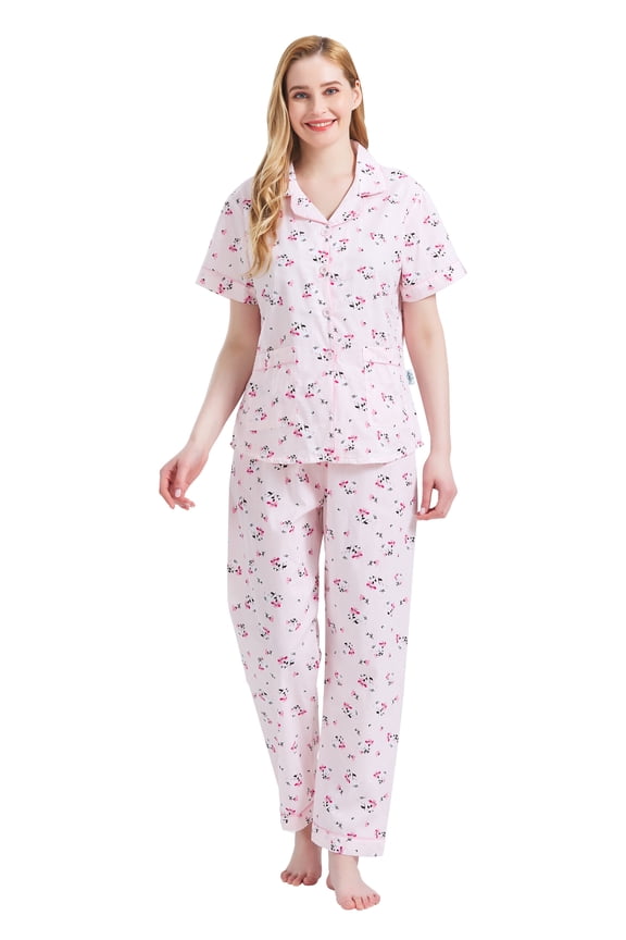 Women 100% Cotton Button Down Short Sleeve Top & Long Pants Summer Pajama Set with Pockets, 2-Piece, Sizes S to 3XL