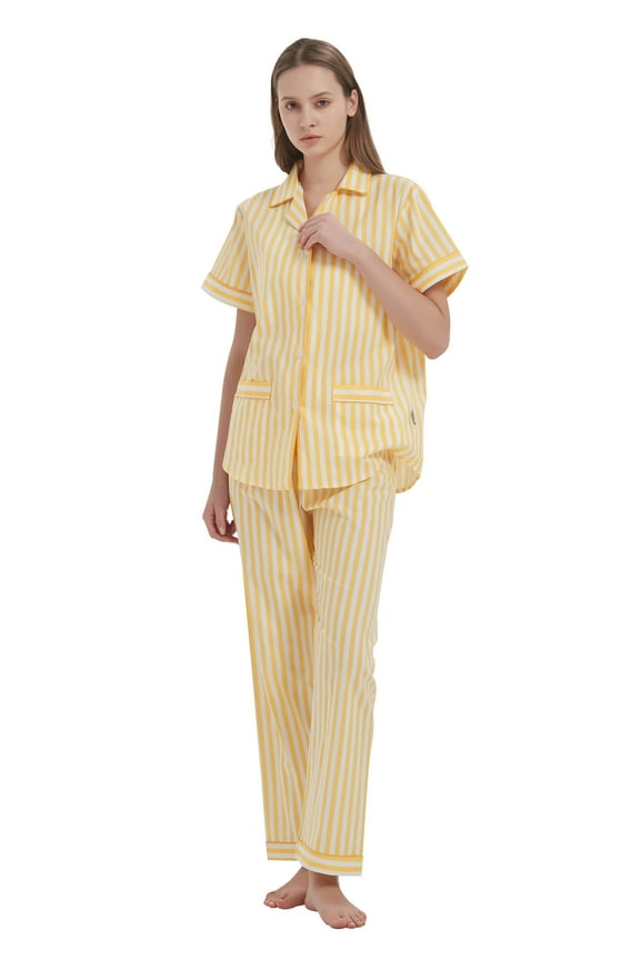 Women 100% Cotton Button Down Short Sleeve Top & Long Pants Summer Pajama Set with Pockets, 2-Piece, Sizes S to 3XL