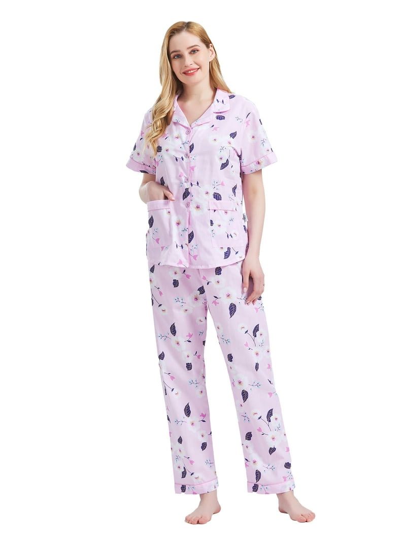 GLOBAL Women's Cotton PJs, Button Down Top Long Pants Set, Sizes