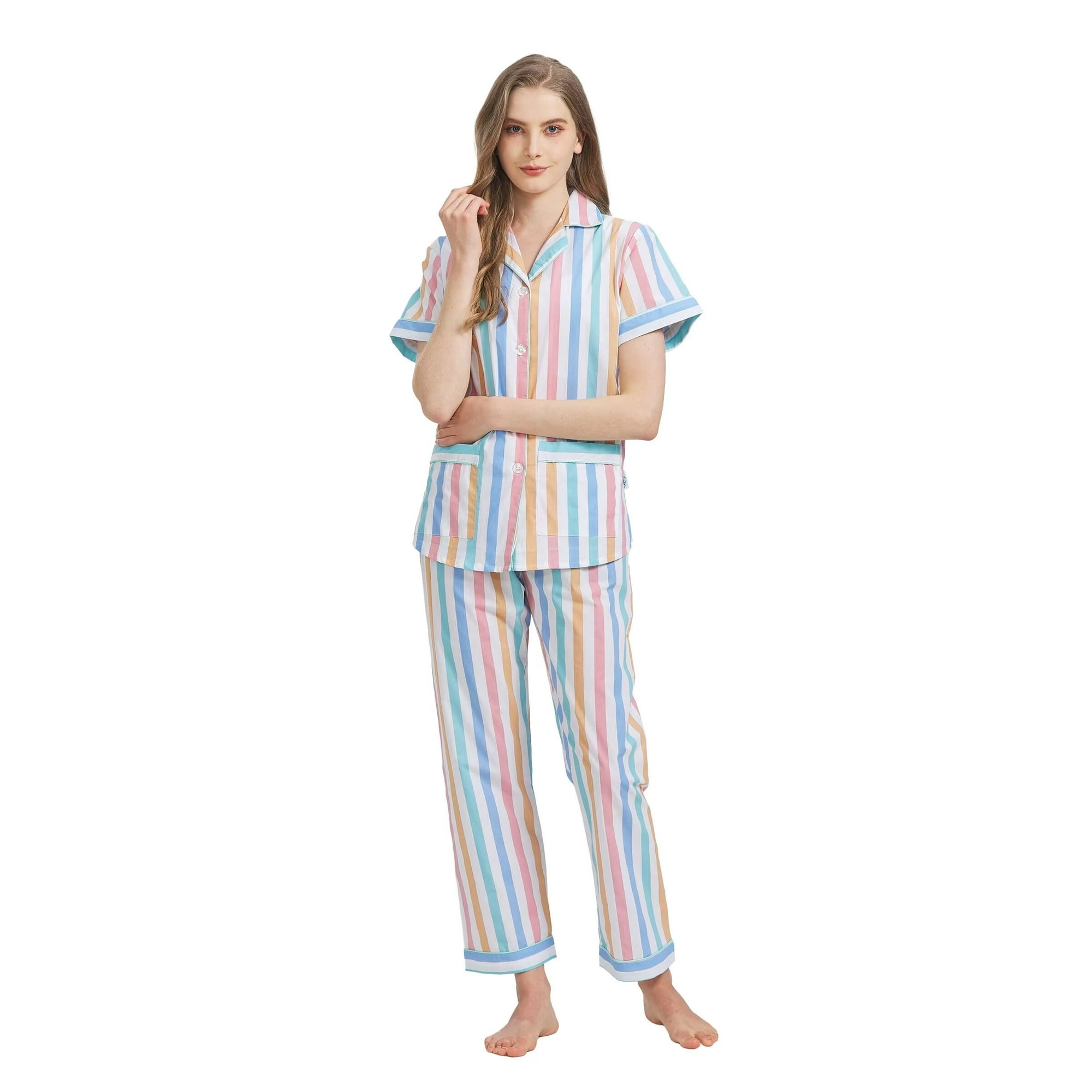 Short Drop Sleeve Button Down Top and Long Satin Pajama Pants Set