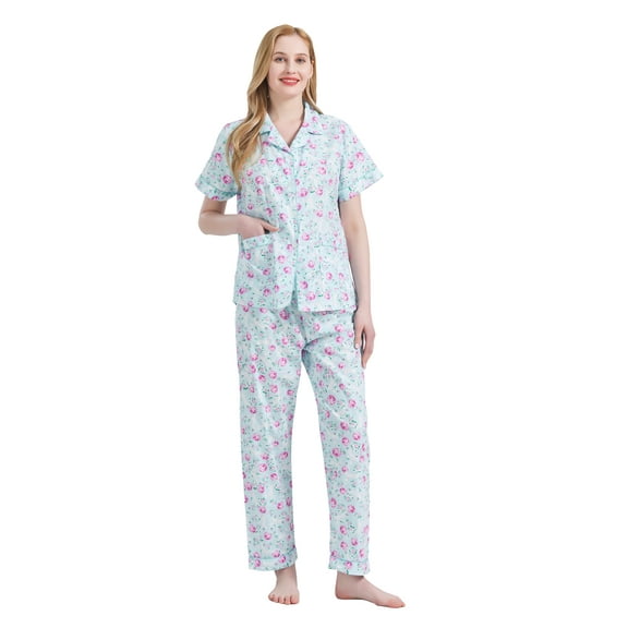 GLOBAL Women 100% Cotton Button Down Short Sleeve Top & Long Pants Summer Pajama Set with Pockets, 2-Piece, Sizes S to 3XL