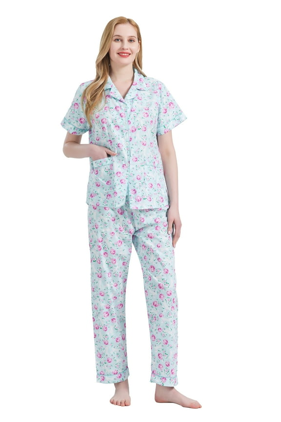 Women 100% Cotton Button Down Short Sleeve Top & Long Pants Summer Pajama Set with Pockets, 2-Piece, Sizes S to 3XL