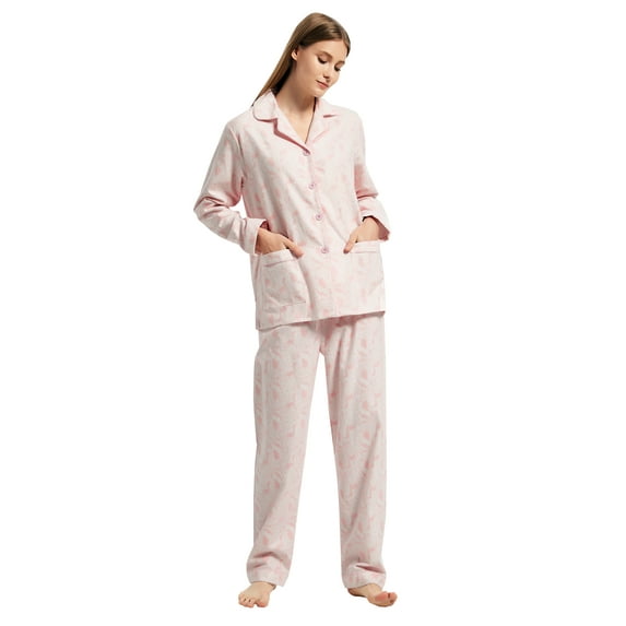 GLOBAL Women 100% Cotton Pajama Set Long Sleeve Pjs Button Down Comfy Nightwear