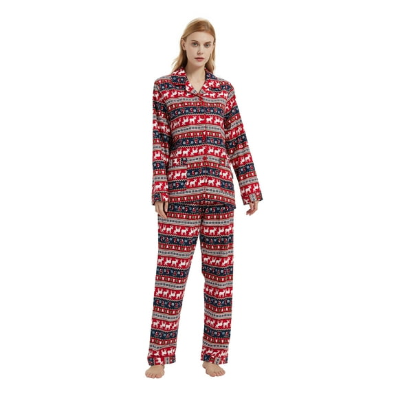 GLOBAL Women 100% Cotton Pajama Set Long Sleeve Pjs Button Down Comfy Nightwear