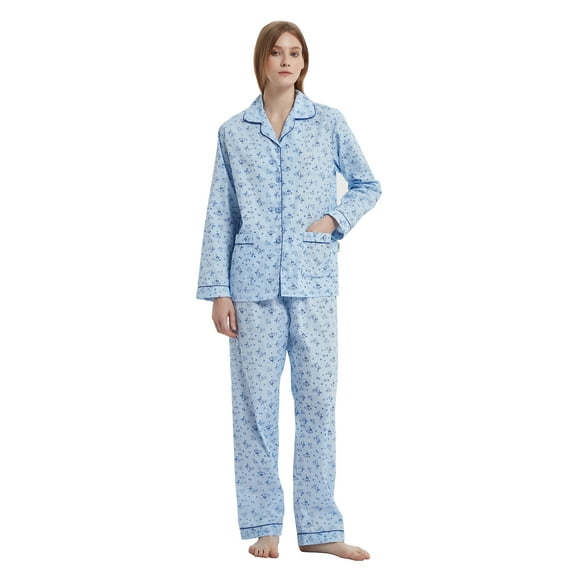GLOBAL Women 100% Cotton Pajama Set Long Sleeve Pjs Button Down Comfy Nightwear