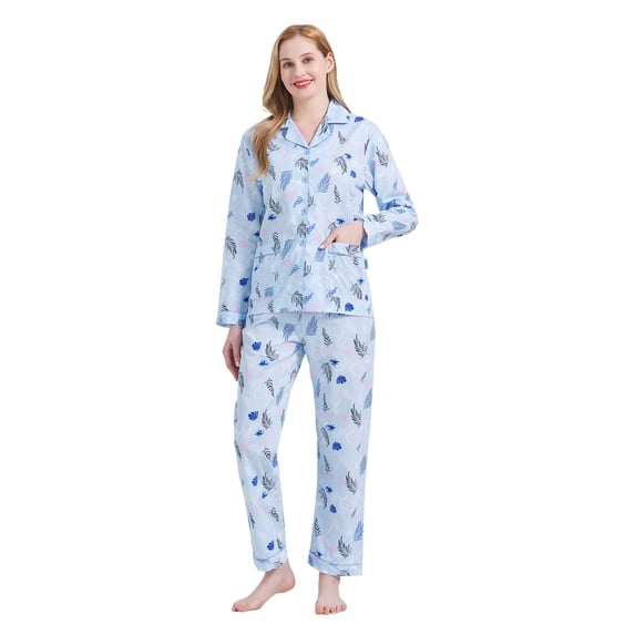 GLOBAL Women 100% Cotton Pajama Set Long Sleeve Pjs Button Down Comfy Nightwear