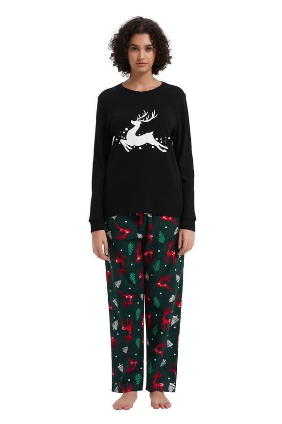 Women's Cotton Knit Top Flannel Pants Sleepwear Matching Pajamas for Couple Pjs for Family, Size S-3XL