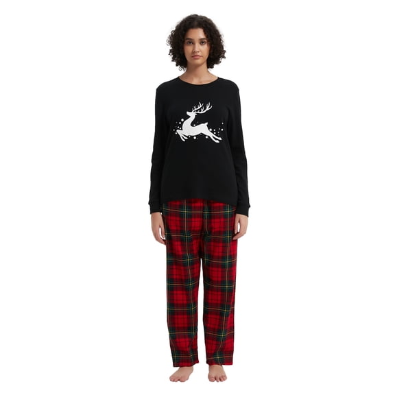 GLOBAL Women's Cotton Knit Top Flannel Pants Sleepwear Matching Pajamas for Couple Pjs for Family, Size S-3XL