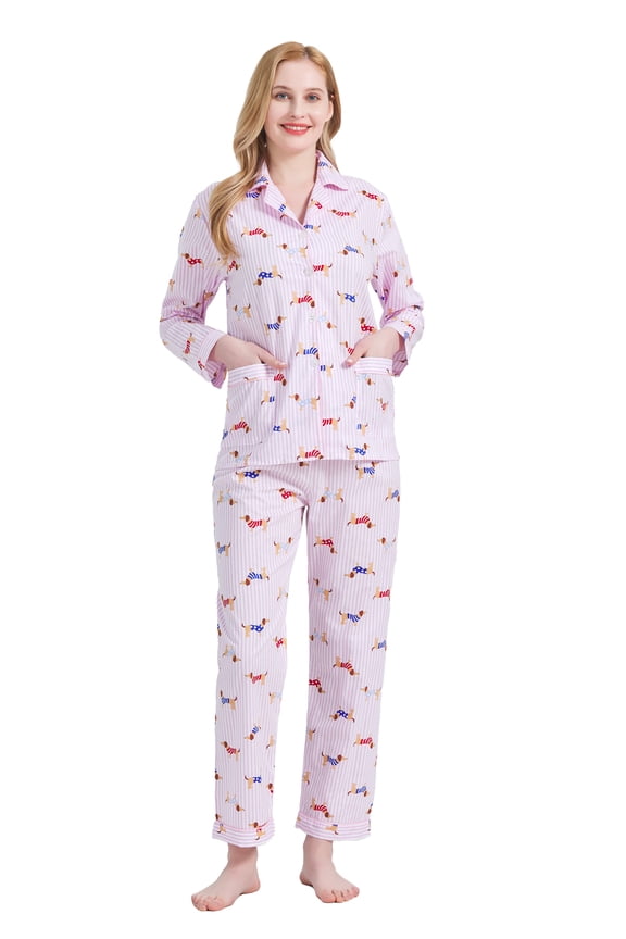 Women's Cotton Loungewear & Pajama Set Long Sleeve Button-Down Top with Elastic Waist Drawstring Pants Soft Comfortable Full-Length PJs for Women Pink Striped Dog M