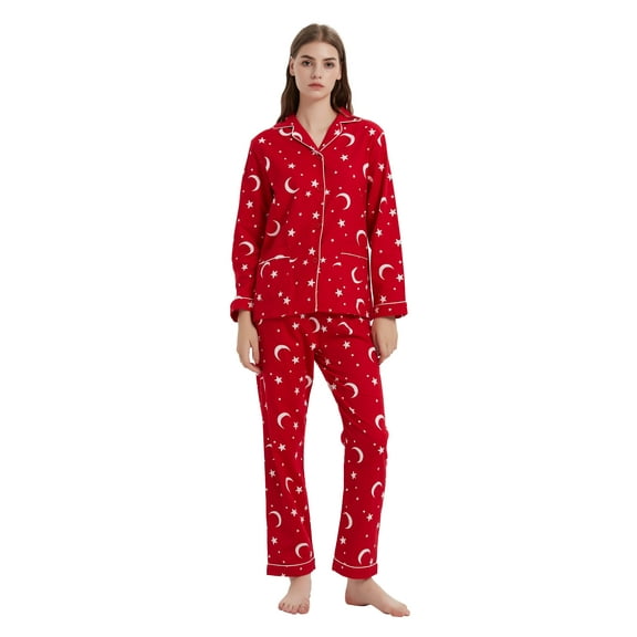 GLOBAL Womens Flannel Cotton Pajama Set Long PJs Flannel Loungewear Sleepwear,Size S-3XL