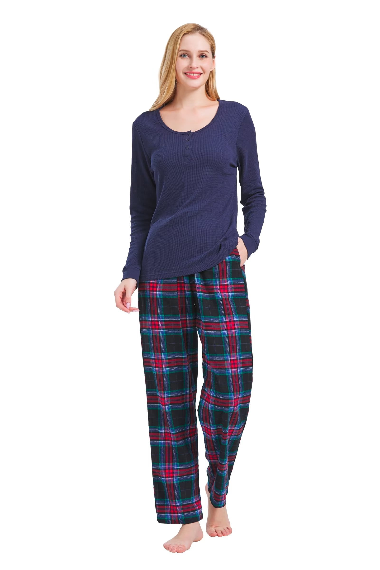 GLOBAL Women's Flannel Pajama Sets Knit Top Flannel Pants Sleepwear ...