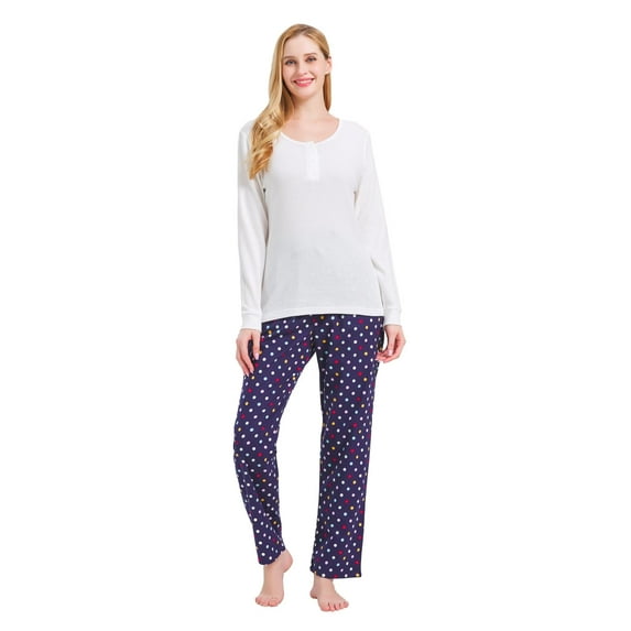 GLOBAL Women's Flannel Pajama Sets Knit Top Flannel Pants Sleepwear Long-Sleeve Top & Bottom, Size S-3XL
