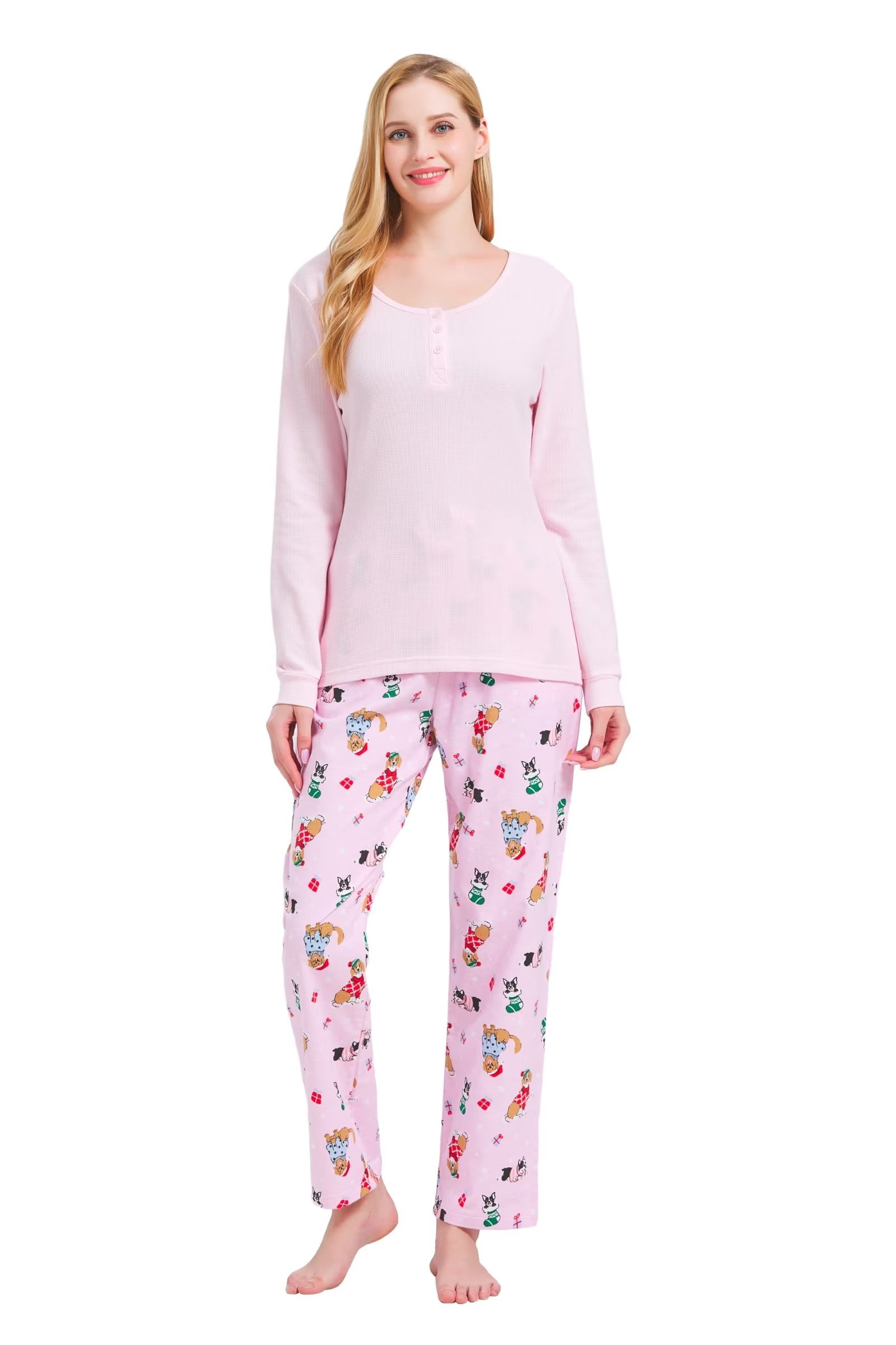GLOBAL Women's Flannel Pajama Sets Knit Top Flannel Pants Sleepwear