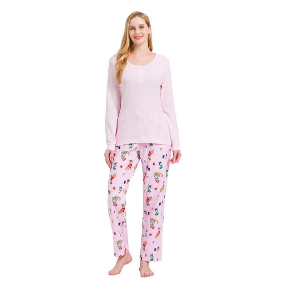 GLOBAL Women's Flannel Pajama Sets Knit Top Flannel Pants Sleepwear Long-Sleeve Top & Bottom, Size S-3XL