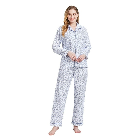 GLOBAL Women's Flannel Pajamas Set 100% Cotton PJs for Women Loungewear Long Sleeve Button Drawstring Waist Warm Sleepwear Blue Flower L