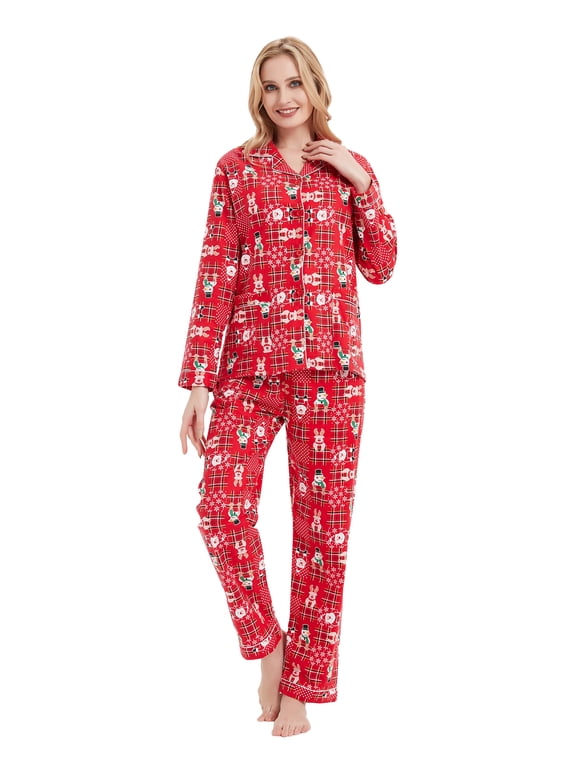 Women's Flannel Pajamas Set 100% Cotton PJs for Women Loungewear Long Sleeve Button Drawstring Waist Warm Sleepwear Christmas Red M