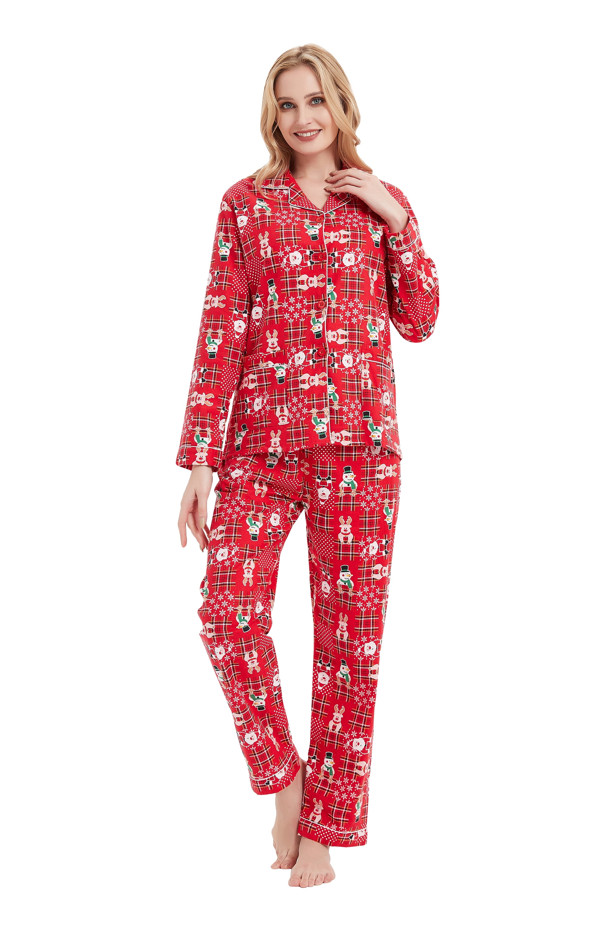 GLOBAL Women's Flannel Pajamas Set - 100% Cotton Long Sleeve PJS, Button Front, Deer On Red, X-Large - View #2
