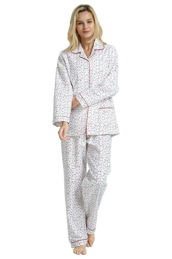 Women's Flannel Pajamas Set 100% Cotton PJs for Women Loungewear Long Sleeve Button Drawstring Waist Warm Sleepwear Pink Flower M