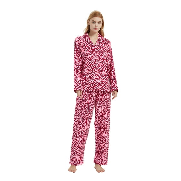 GLOBAL Women's Flannel Pajamas Set 100% Cotton PJs for Women Loungewear Long Sleeve Button Drawstring Waist Warm Sleepwear Pink Zebra Stripe M