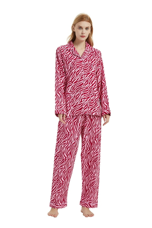Women's Flannel Pajamas Set 100% Cotton PJs for Women Loungewear Long Sleeve Button Drawstring Waist Warm Sleepwear Pink Zebra Stripe M