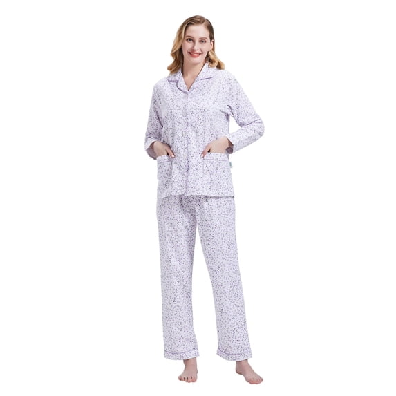 GLOBAL Women's Flannel Pajamas Set 100% Cotton PJs for Women Loungewear Long Sleeve Button Drawstring Waist Warm Sleepwear Purple Flower XXL