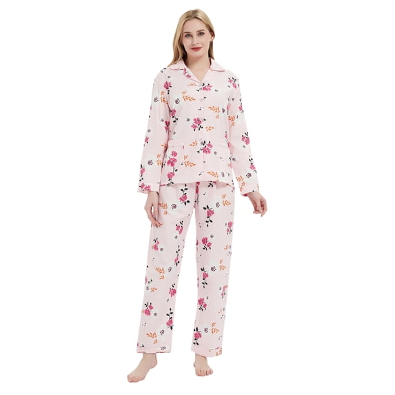 GLOBAL 100% Cotton Pajamas for Women Notch Collar Pjs Cozy Button Down Homewear with Pockets, Spring & Summer, 2-Piece, Sizes S to 3X