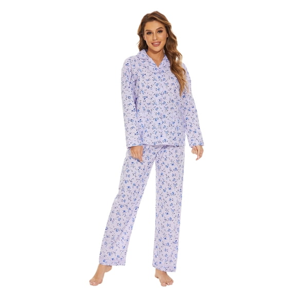GLOBAL 100% Cotton Pajamas for Women Notch Collar Pjs Cozy Button Down Homewear with Pockets, Spring & Summer, 2-Piece, Sizes S to 3X