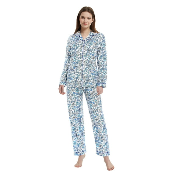 GLOBAL Womens 100% Cotton Notch Collar Pajama Set Homewear with Pockets, Spring & Summer, 2-Piece, Sizes S to 3X