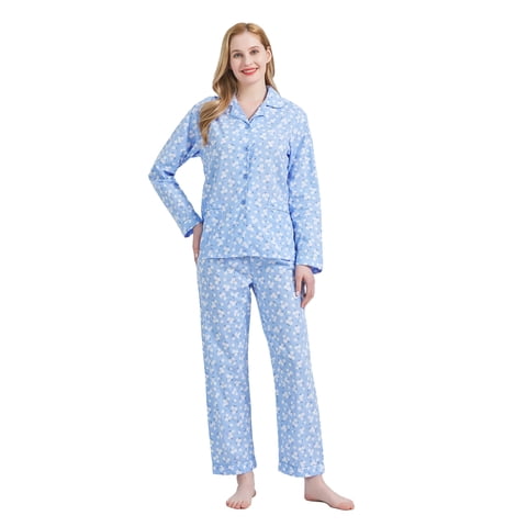 Womens 100% Cotton Notch Collar Pajama Set Homewear with Pockets, Spring & Summer, 2-Piece, Sizes S to 3X