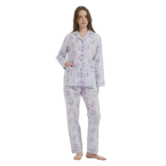 GLOBAL Womens 100% Cotton Notch Collar Pajama Set Homewear with Pockets, Spring & Summer, 2-Piece, Sizes S to 3X