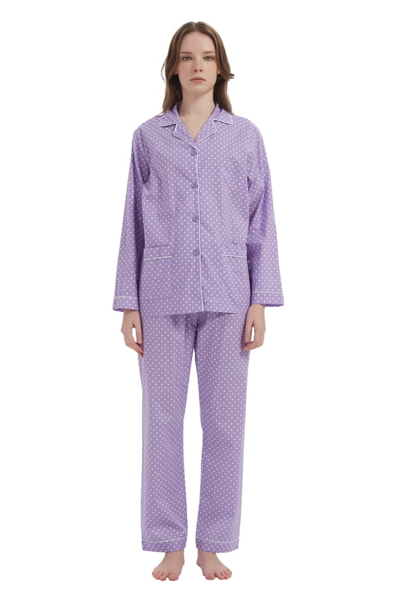 Womens 100% Cotton Notch Collar Pajama Set Homewear with Pockets, Spring & Summer, 2-Piece, Sizes S to 3X