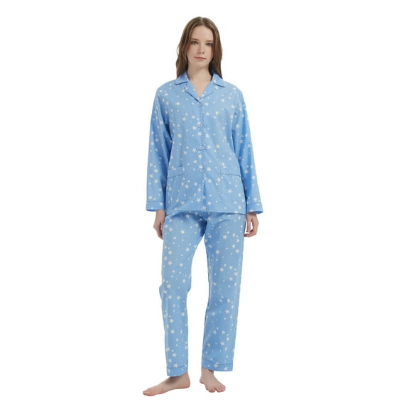 GLOBAL Womens 100% Cotton Notch Collar Pajama Set Homewear with Pockets, Spring & Summer, 2-Piece, Sizes S to 3X
