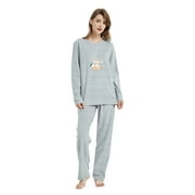 GLOBAL Womens Cozy Coral Fleece Long Sleeve Pajama Set , Soft Thermal Sleepwear, S-XXL