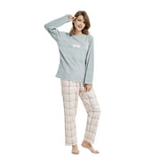 GLOBAL Women's Pajama Set Long Sleeve Coral Fleece Top & Cotton Flannel Elastic Waist Pants S-XXL