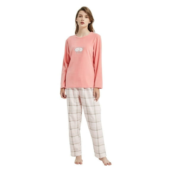 GLOBAL Women's Pajama Set Long Sleeve Coral Fleece Top & Cotton Flannel Elastic Waist Pants S-XXL