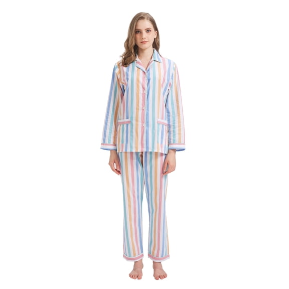 GLOBAL 100% Cotton Pajamas for Women Notch Collar Pjs Cozy Button Down Homewear with Pockets, Spring & Summer, 2-Piece, Sizes S to 3X