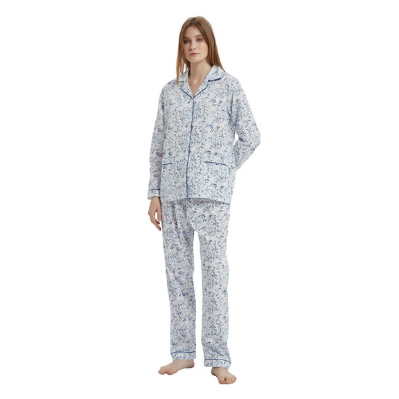 GLOBAL 100% Cotton Pajamas for Women Notch Collar Pjs Cozy Button Down Homewear with Pockets, Spring & Summer, 2-Piece, Sizes S to 3X