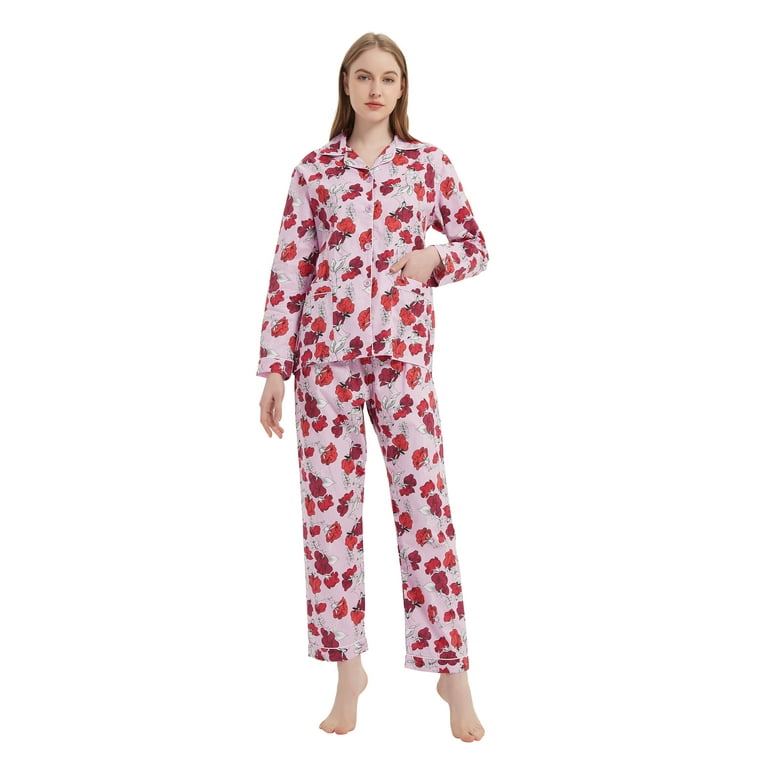 Global Womens 100 Cotton Pajamas Set Womens Pjs Drawstring Sleepwear for Women Women s Size Large Pink