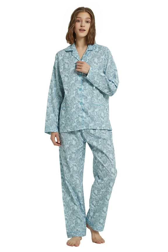 Womens Cotton Pajama Sets Long Sleeve Button Down Sleepwear Comfy Loungewear Soft Pjs Set Green Paisley S