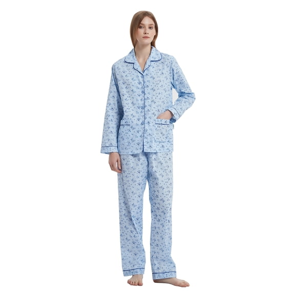 GLOBAL Womens Cotton Pajama Sets Long Sleeve Button Down Sleepwear Comfy Loungewear Soft Pjs Set Light Blue Floral XL