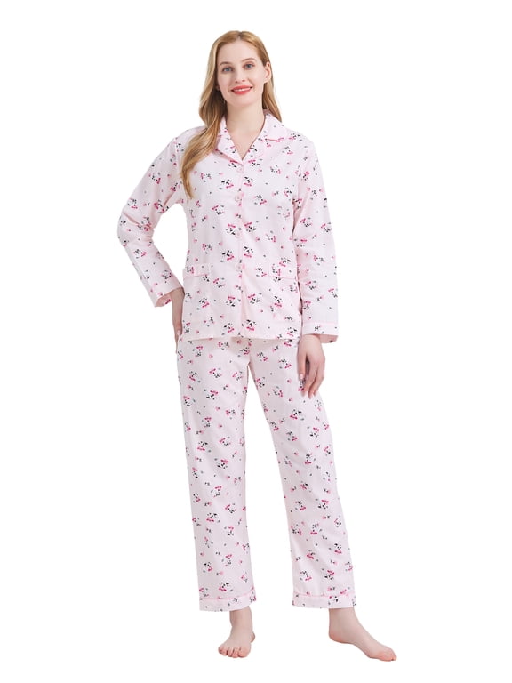 Womens Cotton Pajama Sets Long Sleeve Button Down Sleepwear Comfy Loungewear Soft Pjs Set Light Pink Tiny Floral XL