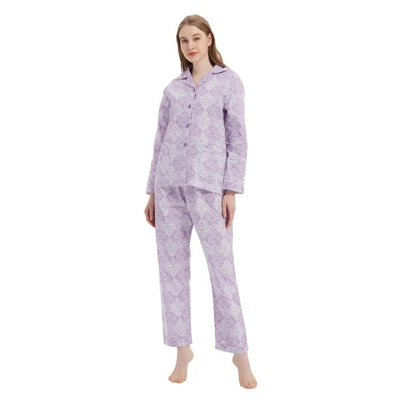 GLOBAL Womens Cotton Pajama Sets Long Sleeve Button Down Sleepwear Comfy Loungewear Soft Pjs Set PURPLE Flower L