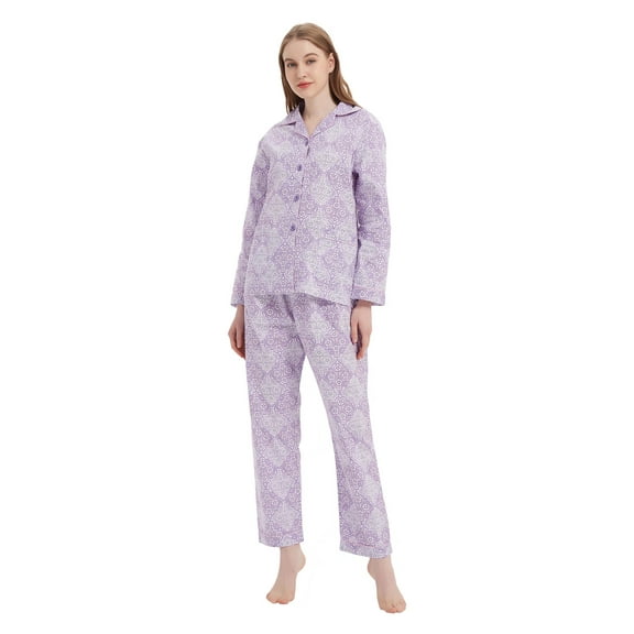 GLOBAL Womens Cotton Pajama Sets Long Sleeve Button Down Sleepwear Comfy Loungewear Soft Pjs Set PURPLE Flower L