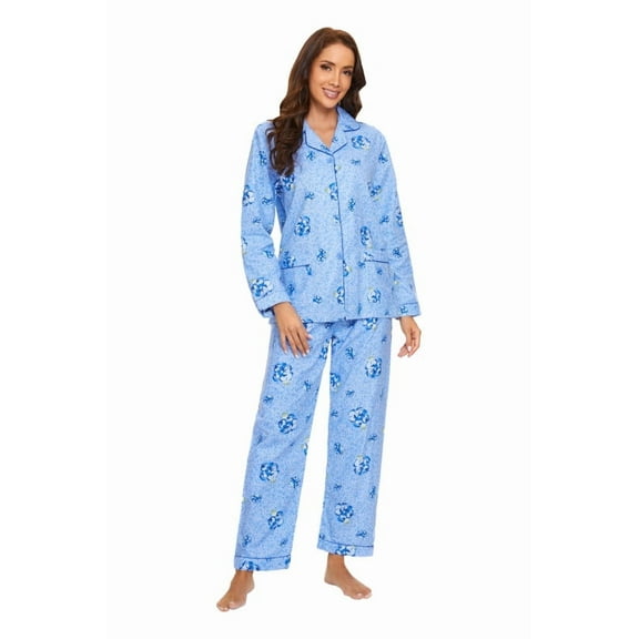 GLOBAL Womens Flannel Cotton Pajama Set Long PJs Flannel Loungewear Sleepwear,Size S-3XL