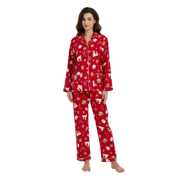 GLOBAL Womens Flannel Cotton Pajama Set Long PJs Flannel Loungewear Sleepwear,Size S-3XL